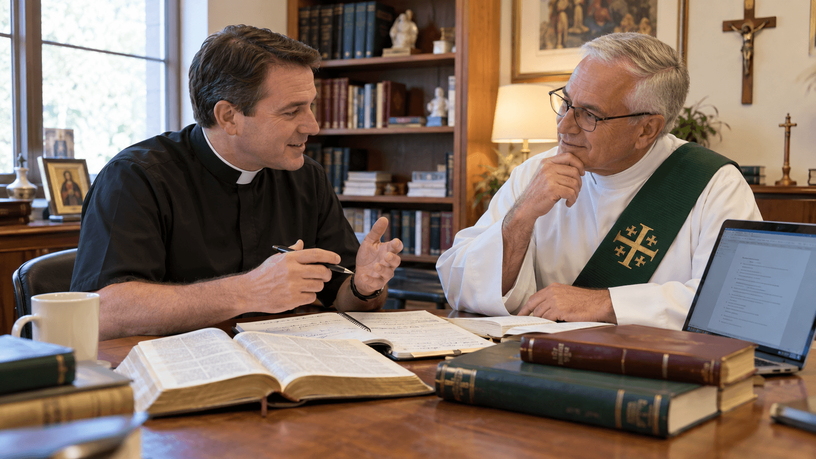 Two priests preparing the Sunday homily together over open Scriptures and handwritten notes