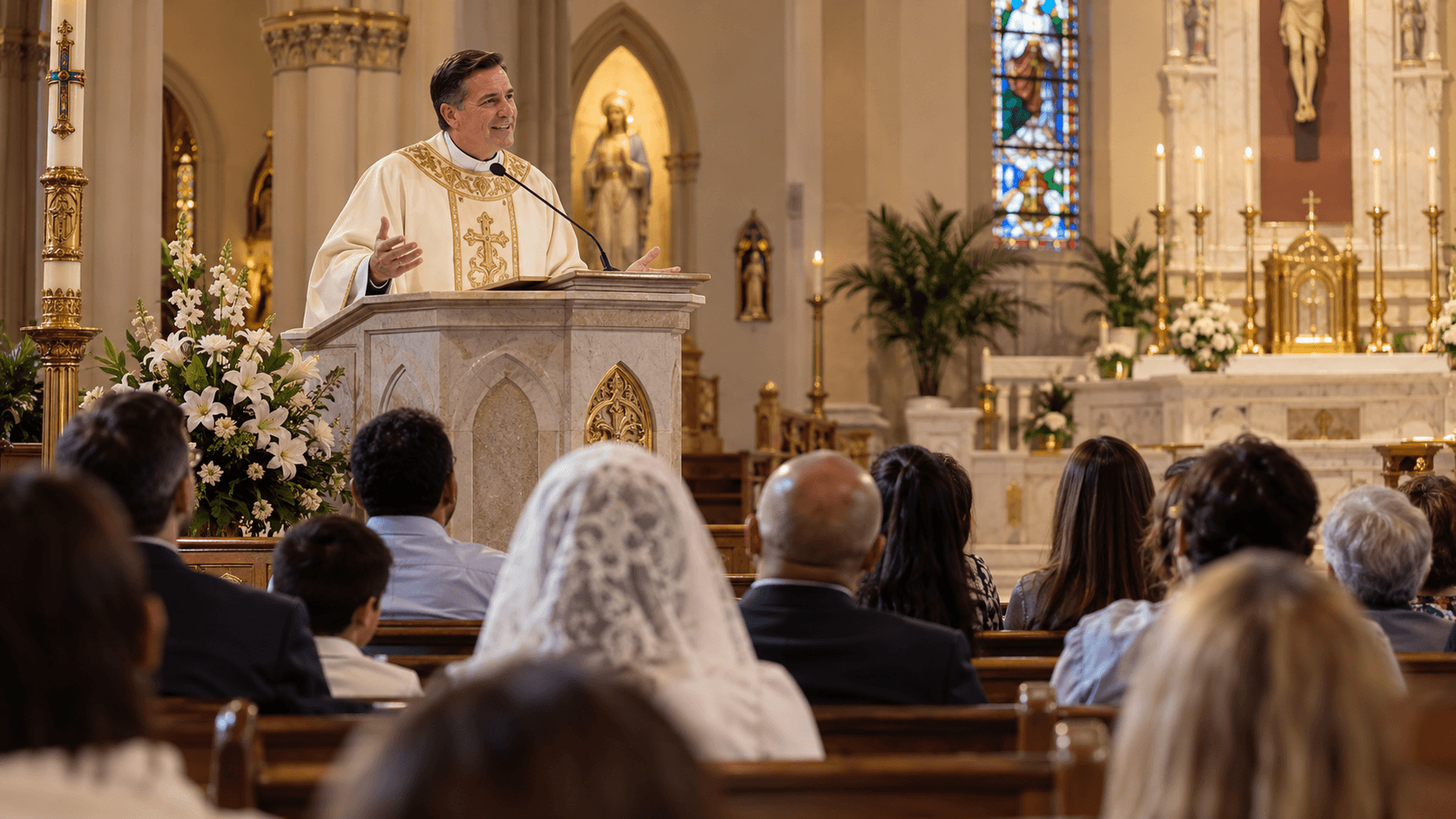 A priest preaching the homily from the ambo to the assembly at Mass