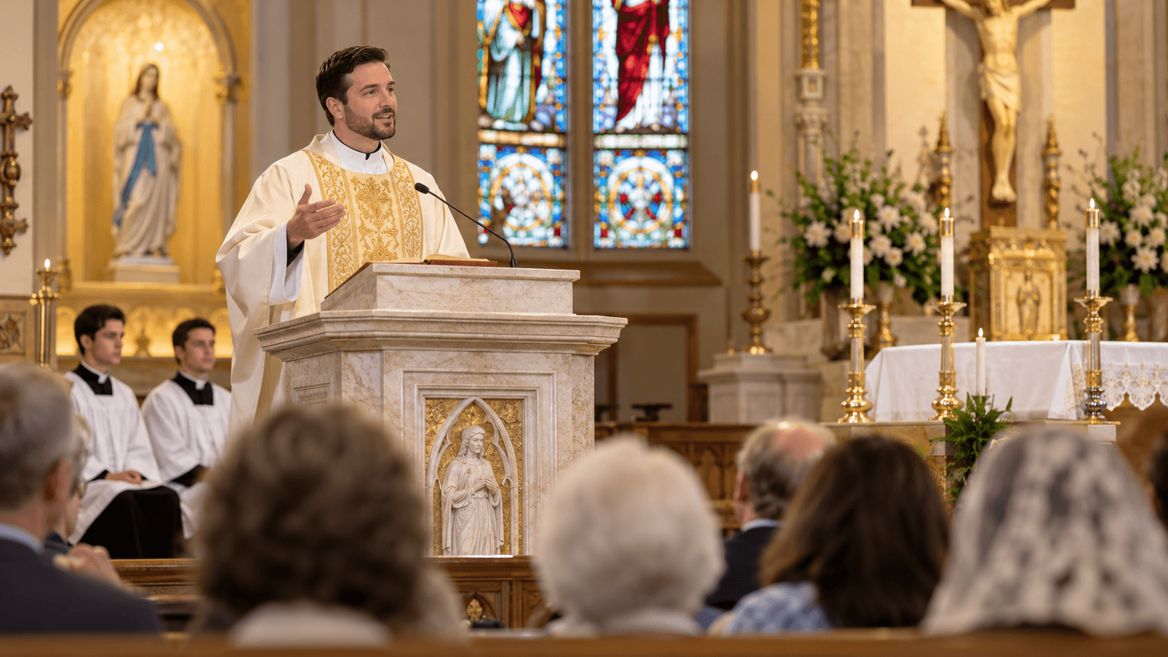 A priest preaching from the ambo, the servers and sanctuary behind him and the assembly listening