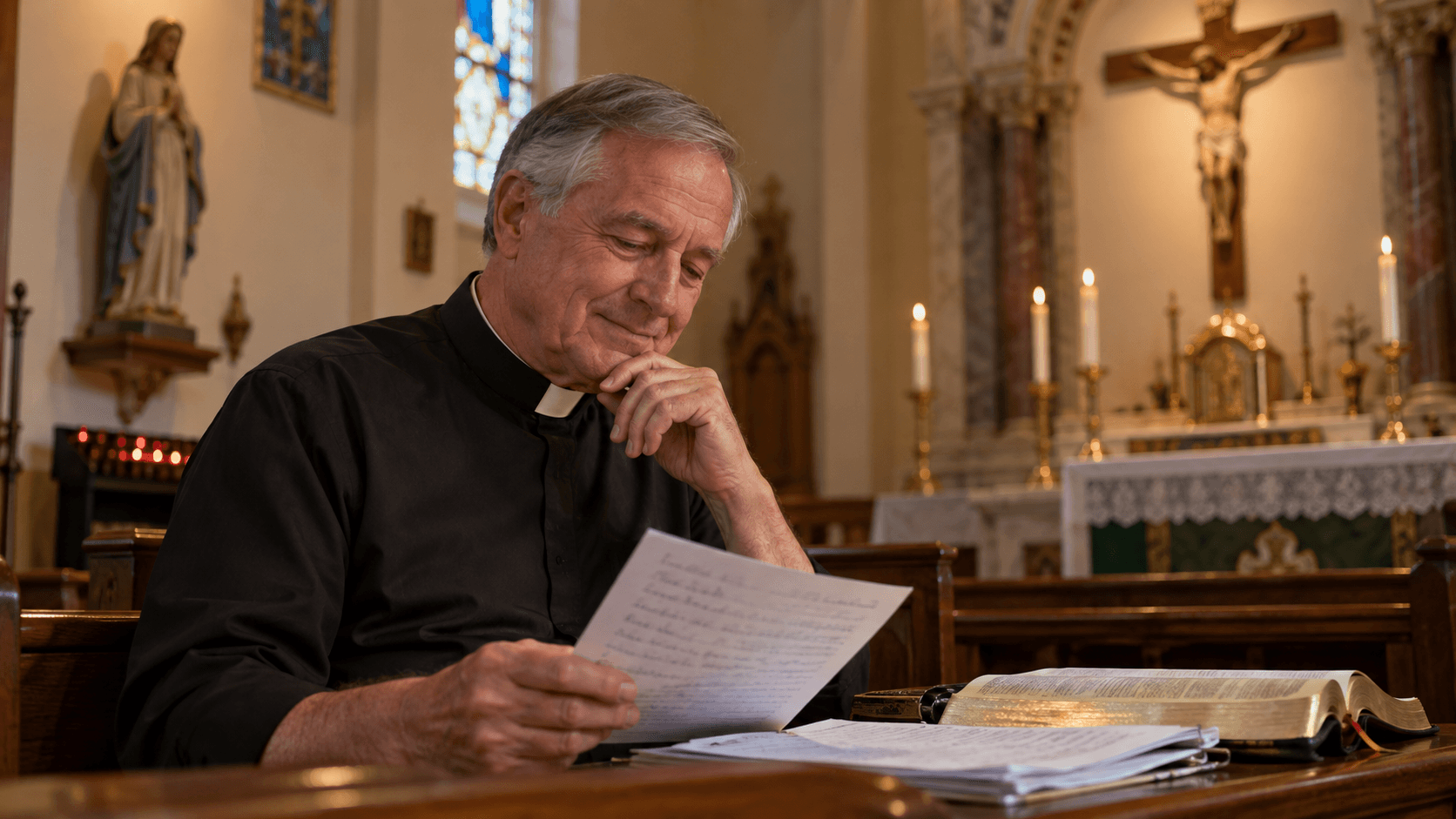 A priest sitting in the church reading through his homily draft before Mass